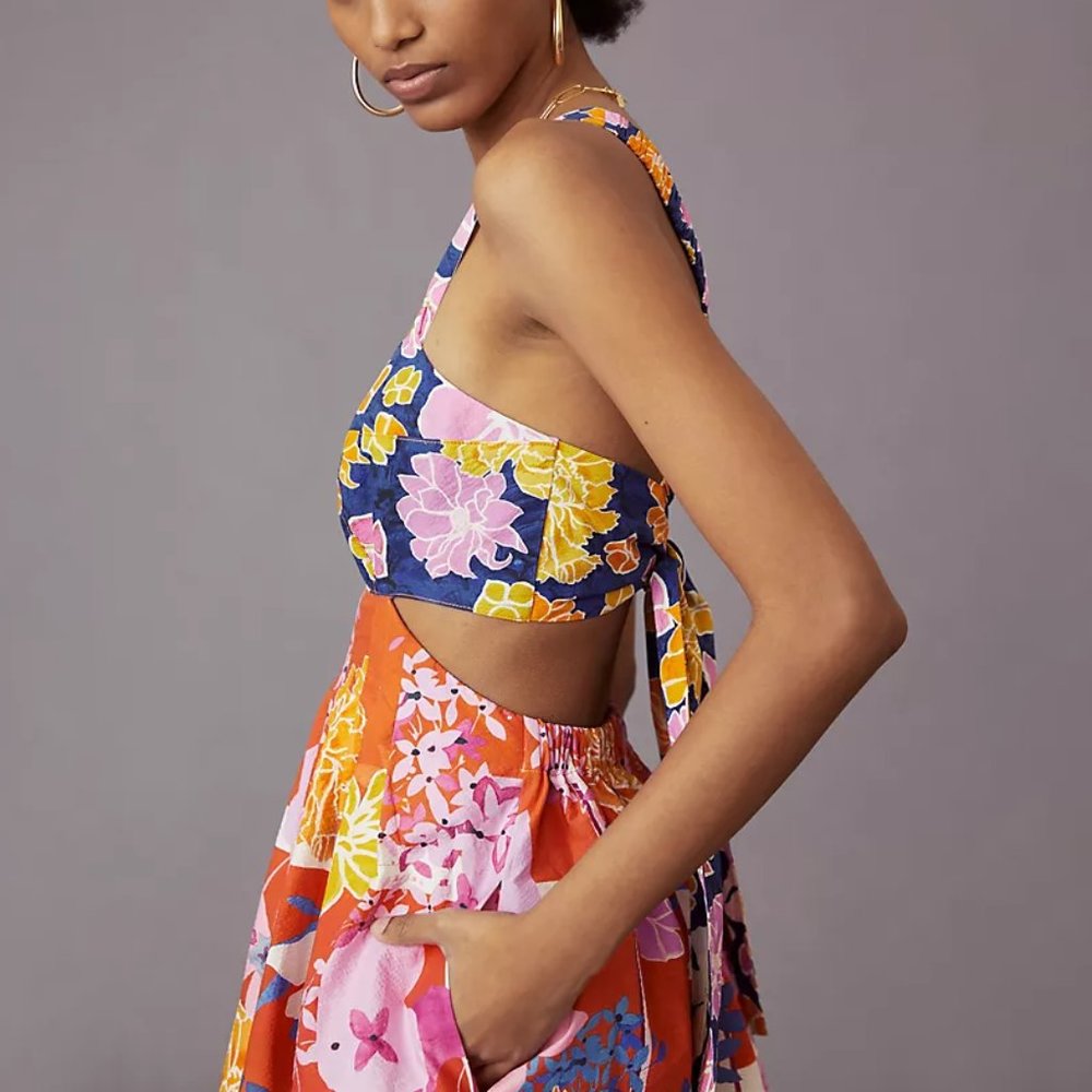 Anthropologie Navy Floral Halter Midi Dress with Pink, Yellow & Orange Blooms - Picture 8 of 10